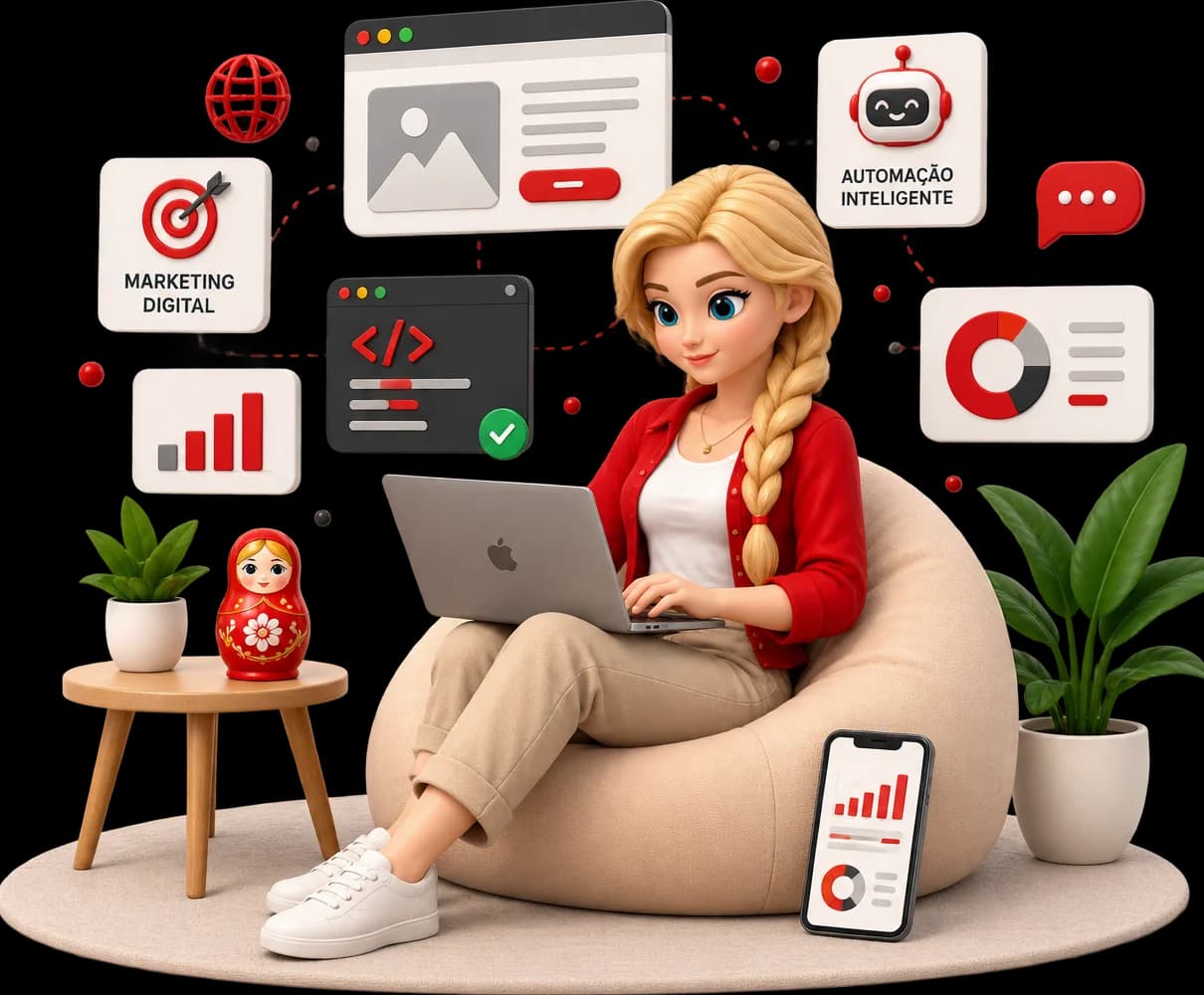 Ilustração de uma pessoa trabalhando com marketing digital, automação e tráfego pago em um laptop