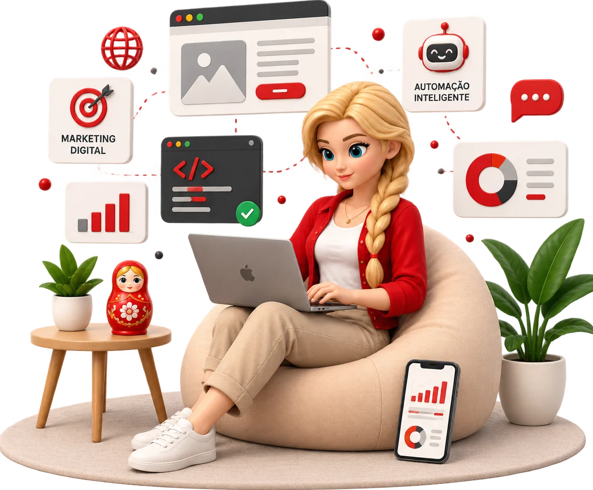 Ilustração de uma pessoa trabalhando com marketing digital, automação e tráfego pago em um laptop